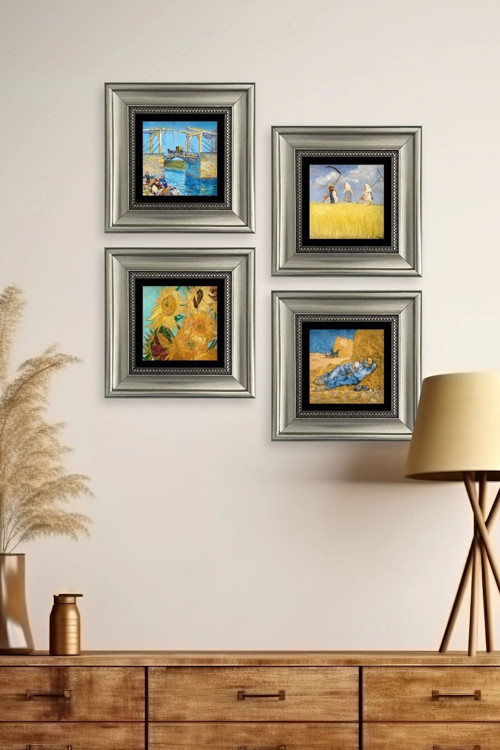 Büro Ev Ofis Dekoru için 20x20CM 4PARÇA Çerçeveli VGogh Taş Duvar Süsü No8