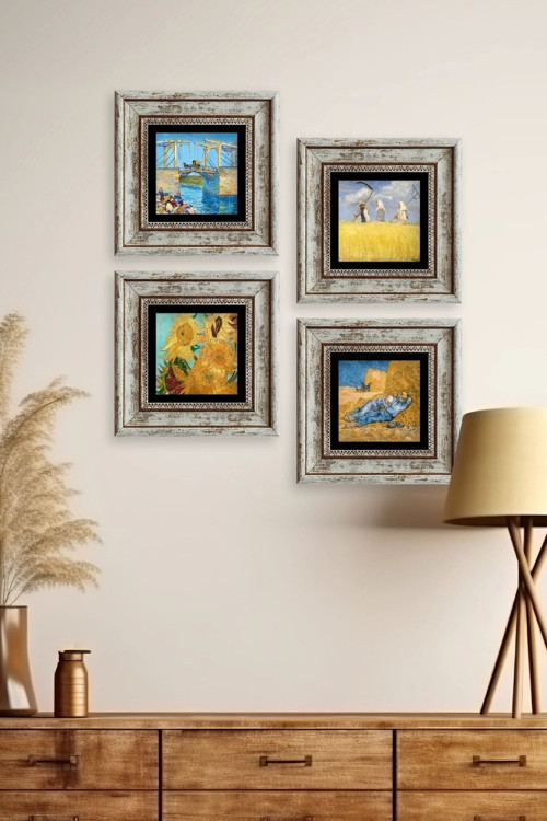 Büro Ev Ofis Dekoru için 20x20CM 4PARÇA Çerçeveli VGogh Taş Duvar Süsü No10