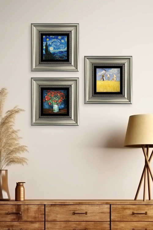 Büro Ev Ofis Dekoru için 20x20CM 3PARÇA Çerçeveli VGogh Taş Duvar Süsü No25