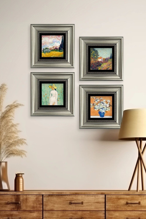 Büro Ev Ofis Dekoru için 20x20CM 4PARÇA Çerçeveli VGogh Taş Duvar Süsü No12