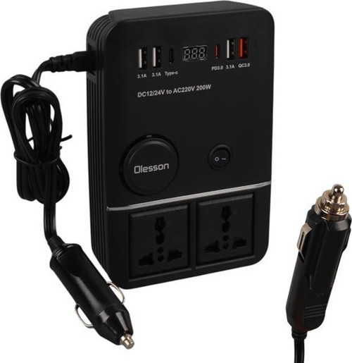 Nacario Olesson 1661 Dc 12-24V 200W Oto Araç Power İnverter 2X Çakmak Girişi - 2X Type-C - 4X Usb - 2X 220V