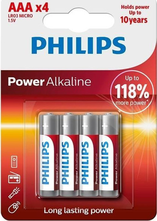 Philips Power Alkaline Aaa Lr03 1.5V İnce Kalem Pil 4'Lü Paket (Lr03P4B/10)