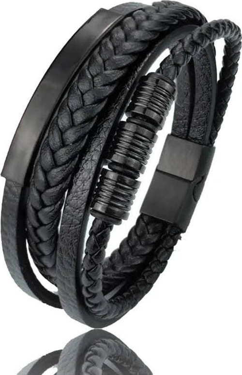 Erkek Deri Bileklik Paslanmaz Çelik Metal Gümüş Bilezik Siyah Erkek Takı Için Toka