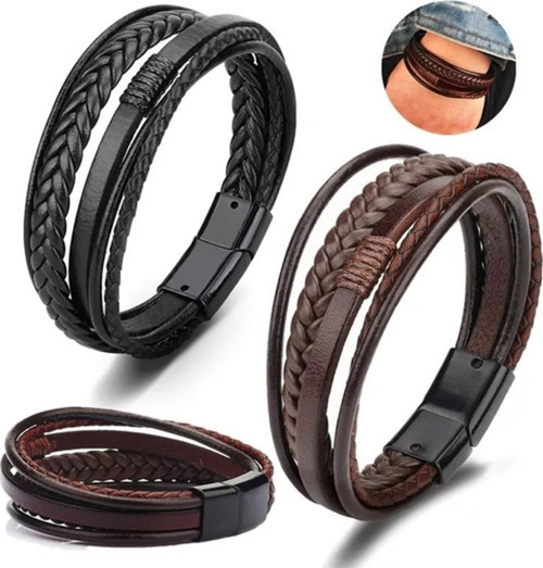 Hakiki Erkek Deri Bileklik Kahverengi Manyetik Toka Örgülü Trend Moda 1313