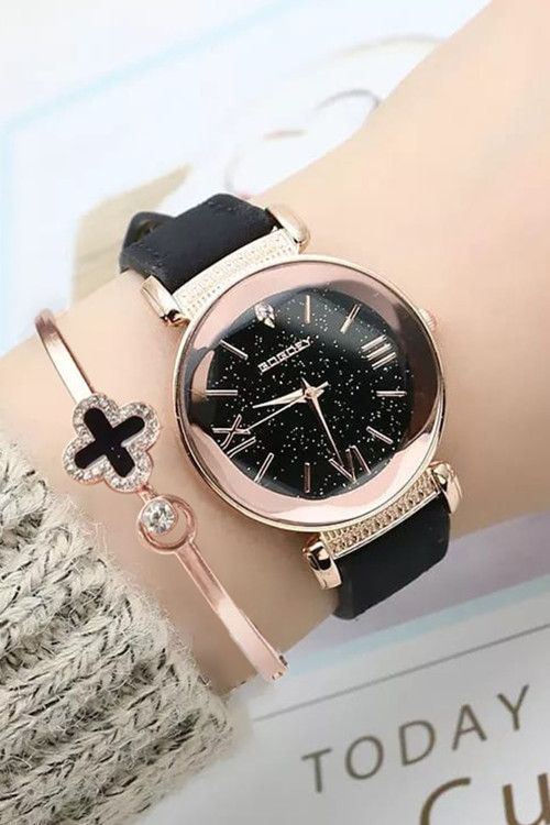 Kadın Kol Saati Bileklik Lüks Moda Şık Trend Set Saat Siyah Rose Gold