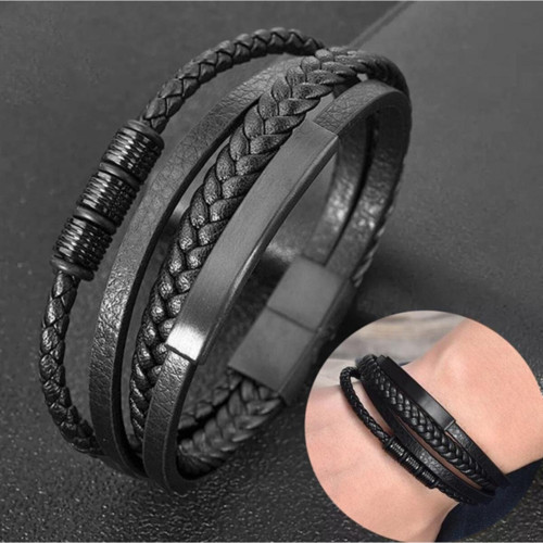 Erkek Hakiki Deri Bileklik Siyah Renk Manyetik Toka Örgülü Trend