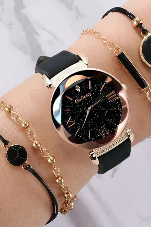 Kadın Kol Saati + 4 Adet Bileklik Lüks Moda Şık Trend Set Saat Siyah Renk