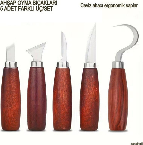 Ahşap oyma bıçağı seti 5'li, ceviz ağacı saplı, karbon çelik, zarif ve dayanıklı, yontma, ahşap İşleme