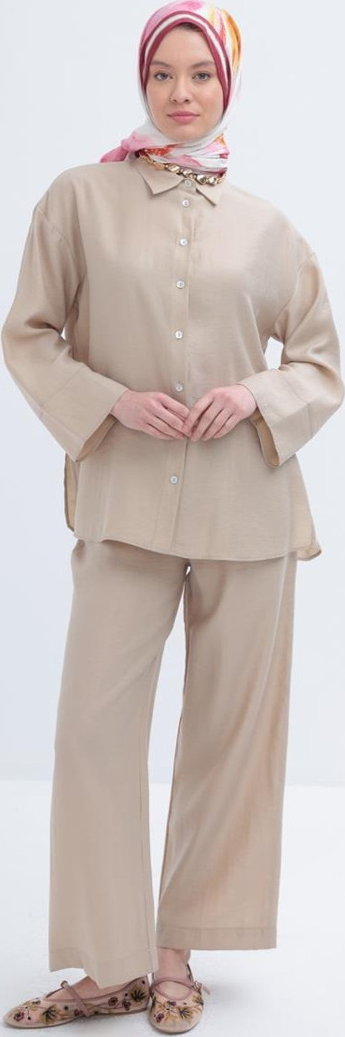 Bej-Tencel Pantolonlu Takım