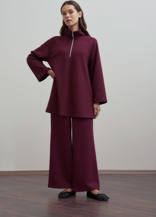 Bordo-Yumuşak Dokulu Taşlı Pantolonlu Takım