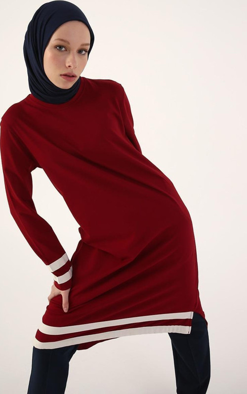 Bordo-Kolu Ve Eteği Çizgili Pike Tunik