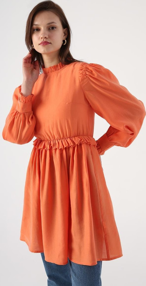 Oranj-Fırfır Detaylı Beli Büzgülü Tunik