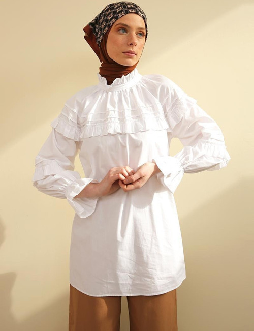 Beyaz-Fırfır Detaylı Oversize Tunik