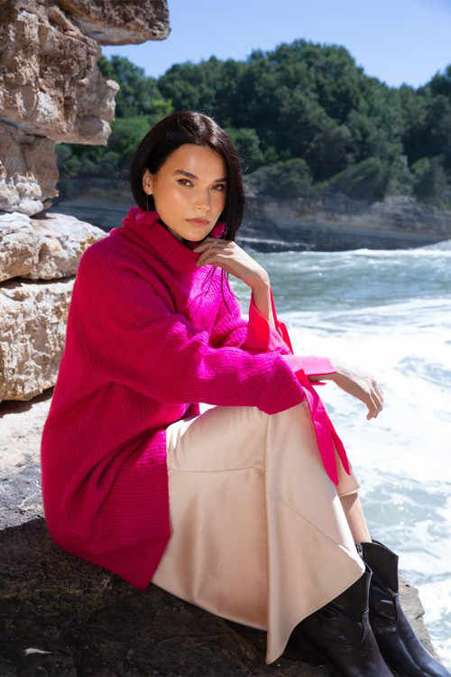 Fuşya-Balıkçı Yaka Reglan Kol Triko Tunik