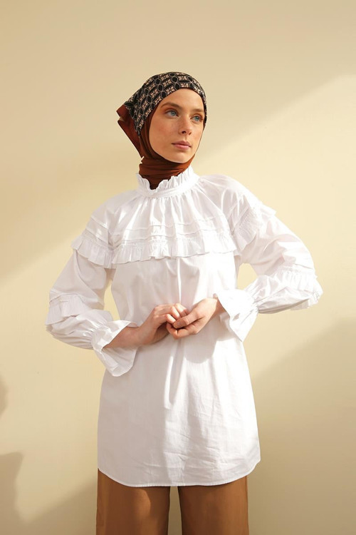 Beyaz-Fırfır Detaylı Oversize Tunik