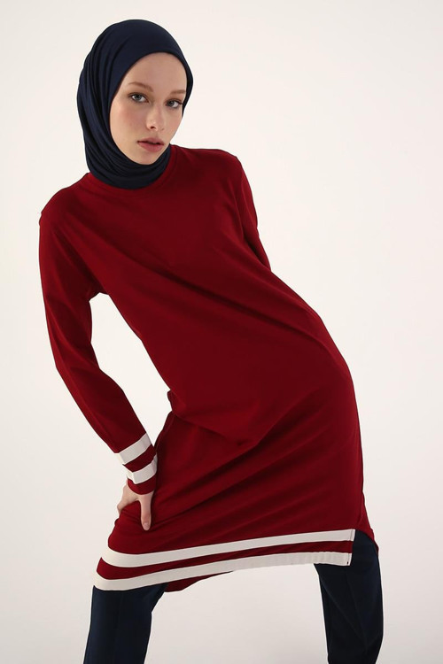 Bordo-Kolu Ve Eteği Çizgili Pike Tunik