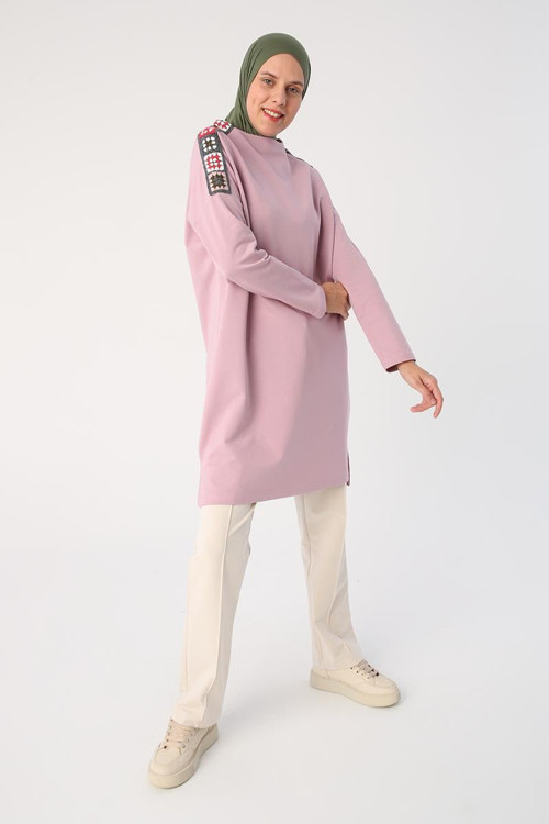 Soft Lila-Oversize Renkli Motifli Likralı Örme Tunik