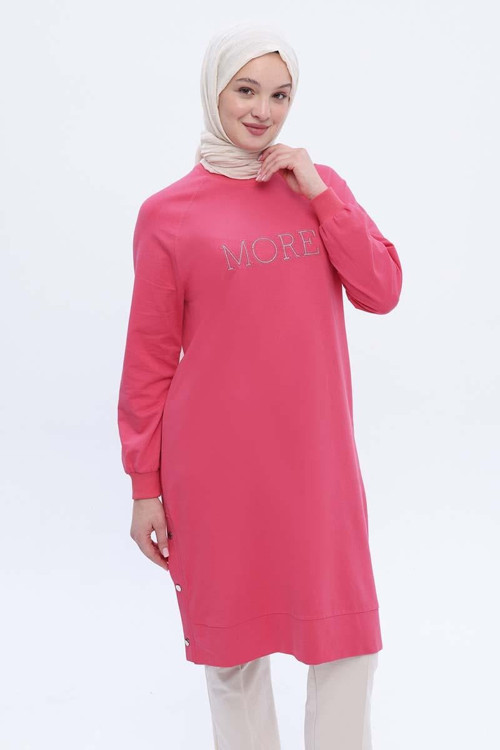 Pembe-Pamuklu Nakışlı Likralı Tunik