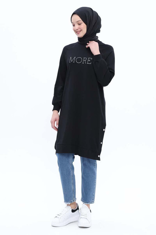 Siyah-Pamuklu Nakışlı Sweat Tunik