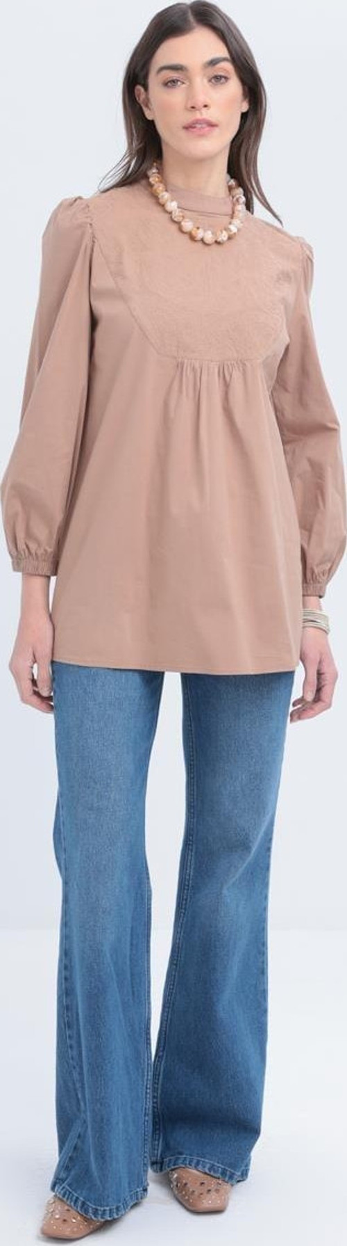 Vizon-Fisto Garnili Kolu Lastikli Poplin Tunik
