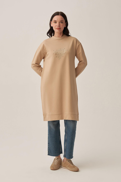 Bej-Pamuklu Taşlı Tunik