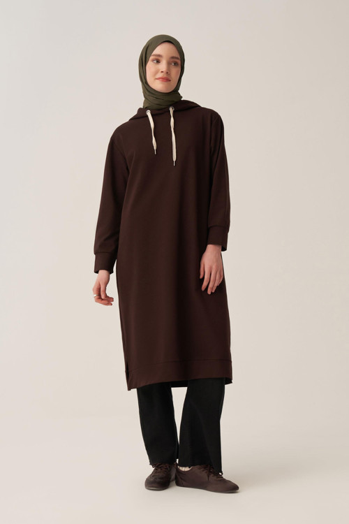 Acı Kahve-Kapüşonlu Rahat Tunik