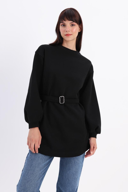 Siyah-Pamuklu Kuşaklı Sweat Tunik