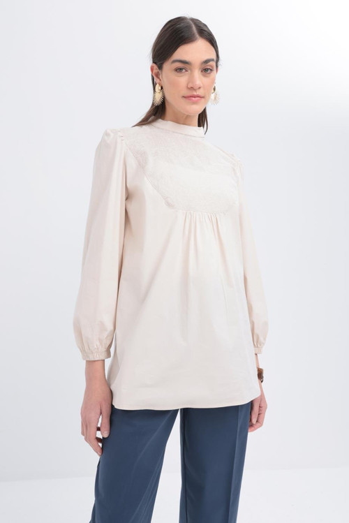 Taş-Fisto Garnili Kolu Lastikli Poplin Tunik