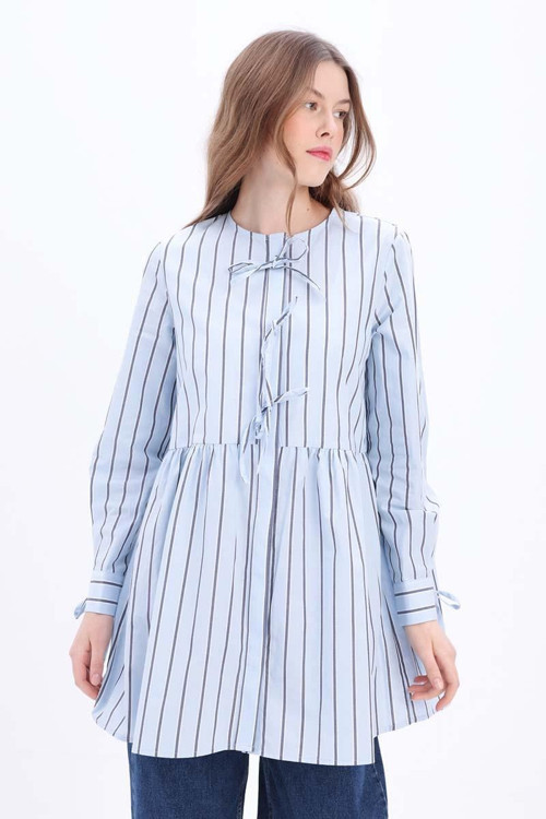 Mavi-Lacivert-%100 Pamuklu Çizgili Poplin Gömlek Tunik