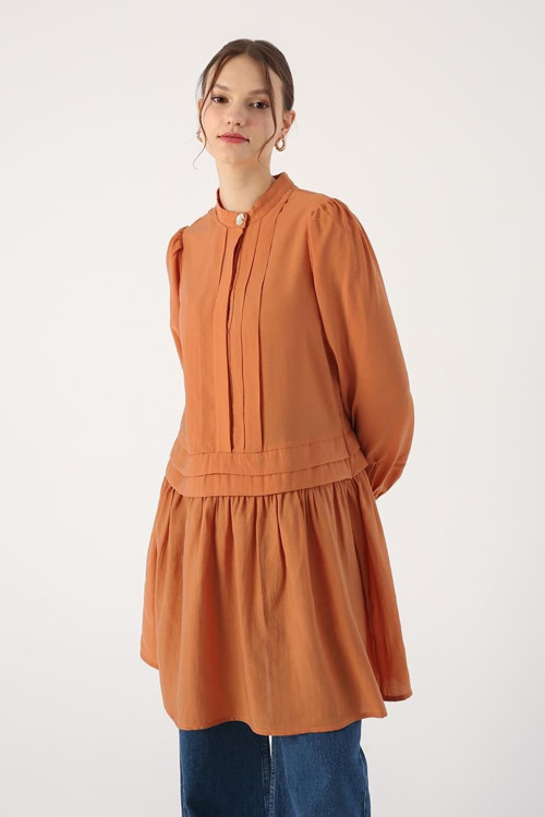 Tarçın-Pile Detaylı Gömlek Tunik