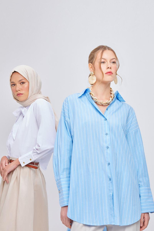 Mavi-Beyaz-%100 Pamuklu Çizgili Gömlek Tunik