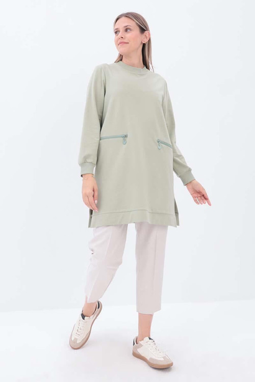 Defne-FERMUAR CEPLİ YIRTMAÇLI SWEAT TUNİK