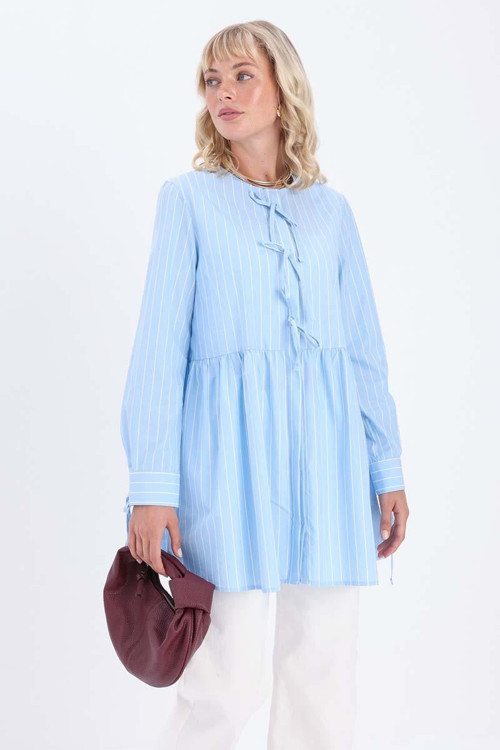 Mavi-Beyaz-%100 Pamuklu Çizgili Poplin Gömlek