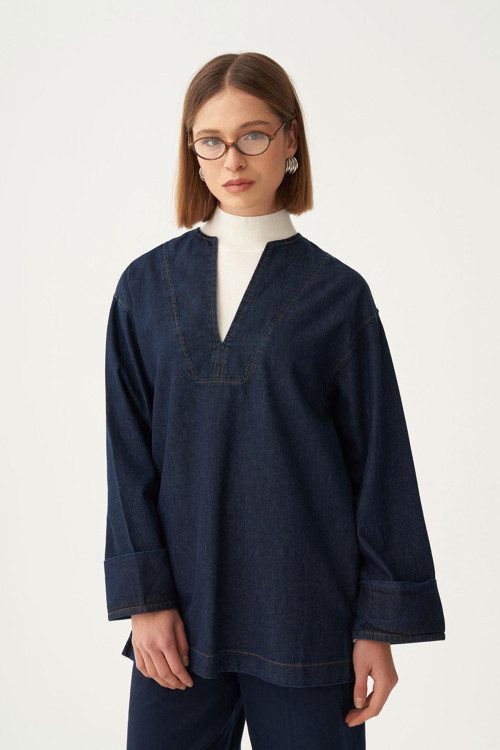Koyu Mavi-V Yaka Denim Gömlek Tunik