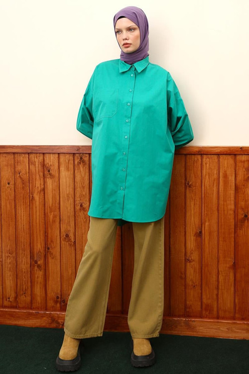 Yeşil-Oversize Cepli Gömlek Tunik