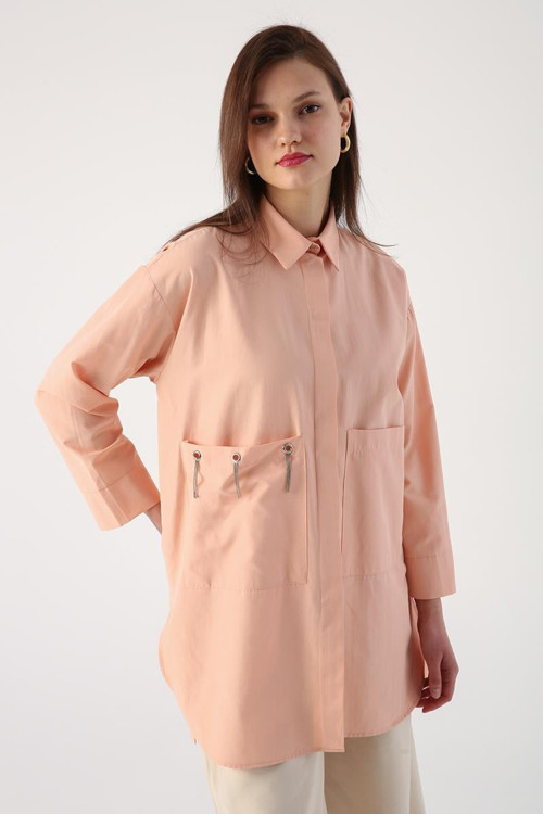 Somon-Büyük Cepli Kuşgözlü Oversize Gömlek