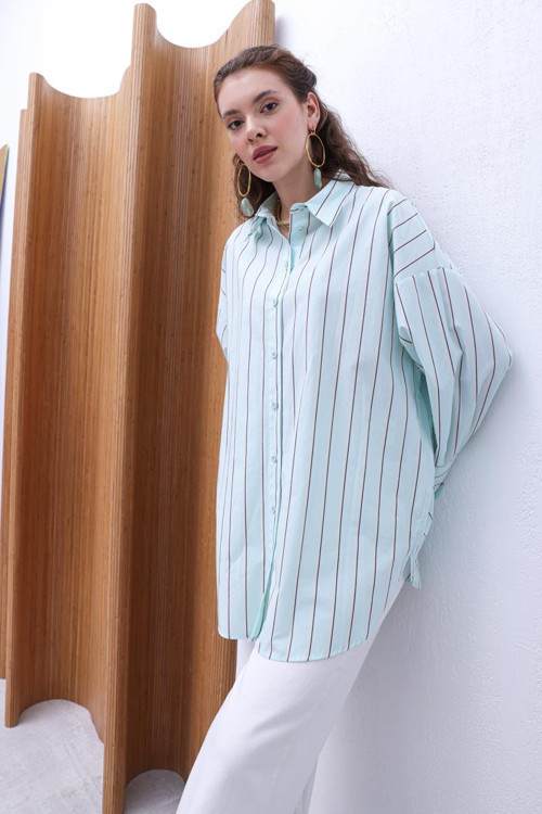 Mint-Yeşil-%100 Pamuklu Çizgili Gömlek Tunik