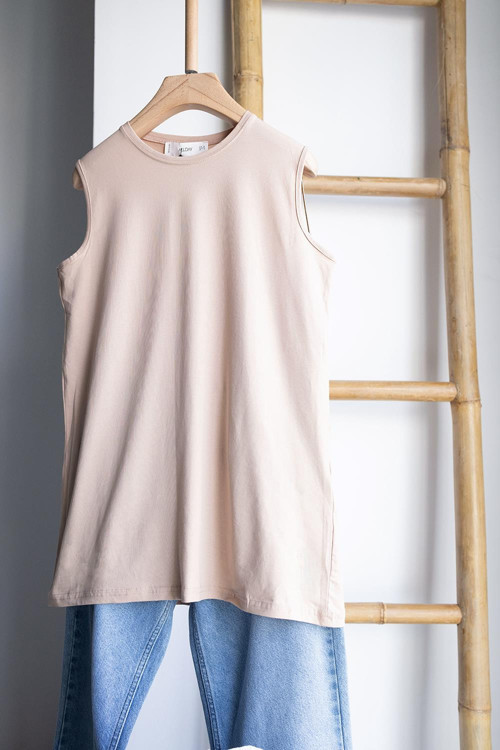 Bej01-%100 Pamuk Kolsuz Likralı T-Shirt