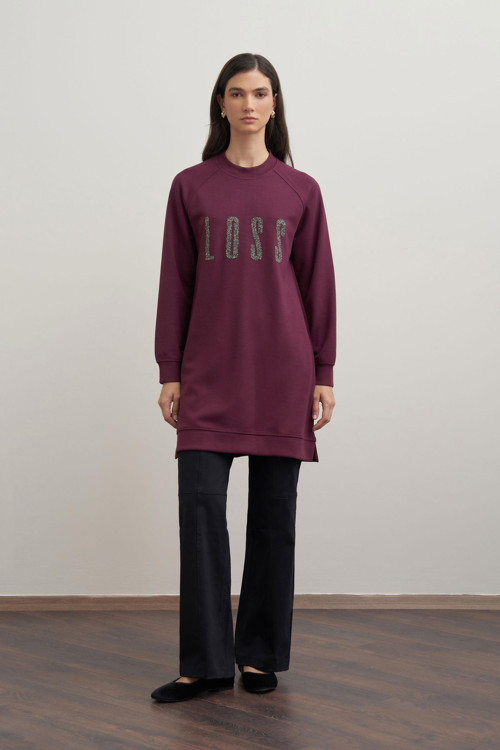 Bordo-Yumuşak Dokulu Baskılı Reglan Tunik