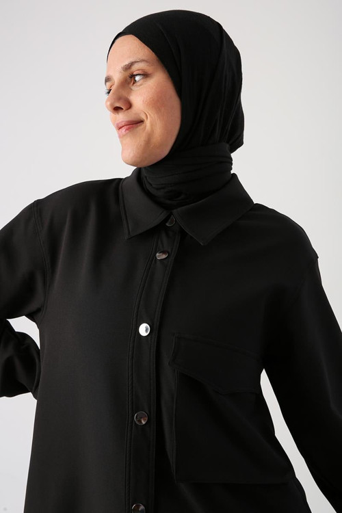 Siyah-Tek Cepli Çıtçıtlı Gömlek Tunik