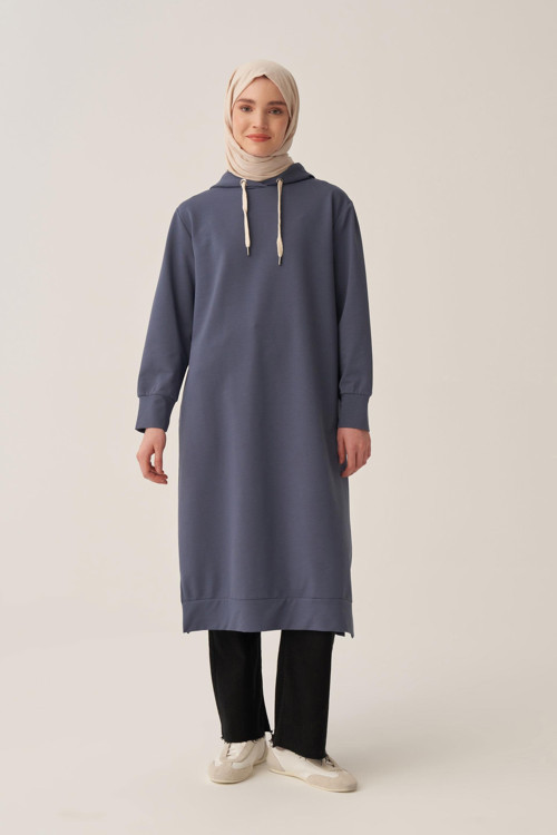 Mavi-Kapüşonlu Rahat Tunik