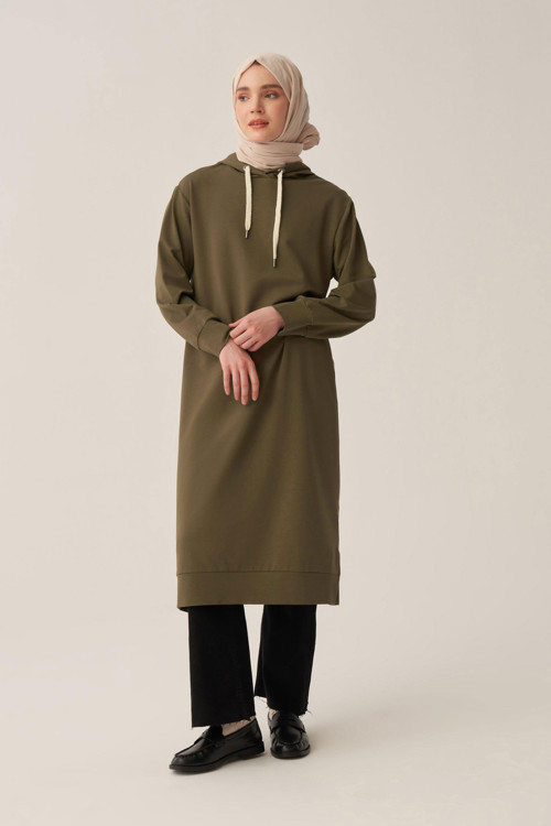 Haki-Kapüşonlu Rahat Tunik