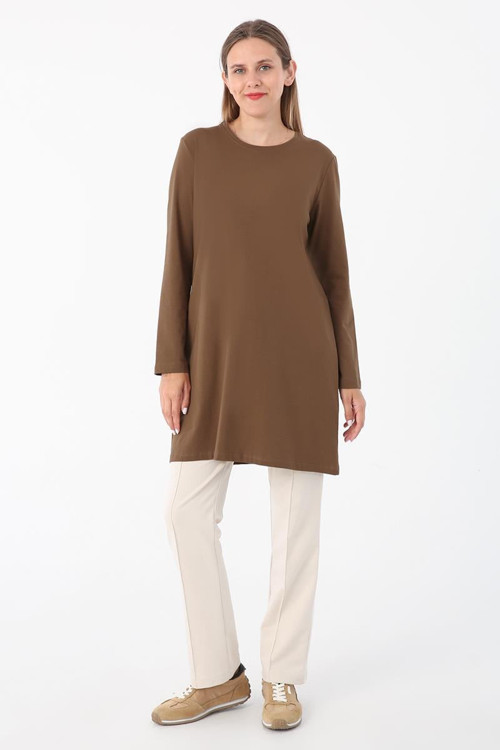 Kahve-Basic Pamuklu Süprem Sweat Tunik