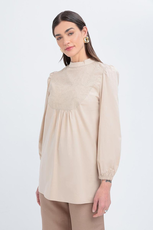 Bej-Fisto Garnili Kolu Lastikli Poplin Tunik
