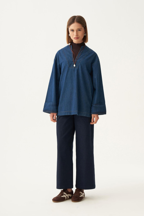 Mavi-V Yaka Denim Gömlek Tunik