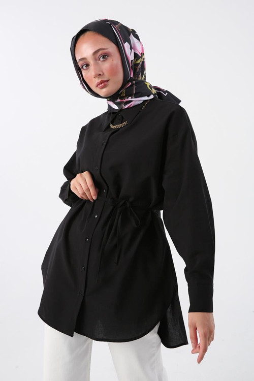 Siyah-%100 Pamuk Oversize Arkası Pilikaşeli Kuşaklı Gömlek Tunik