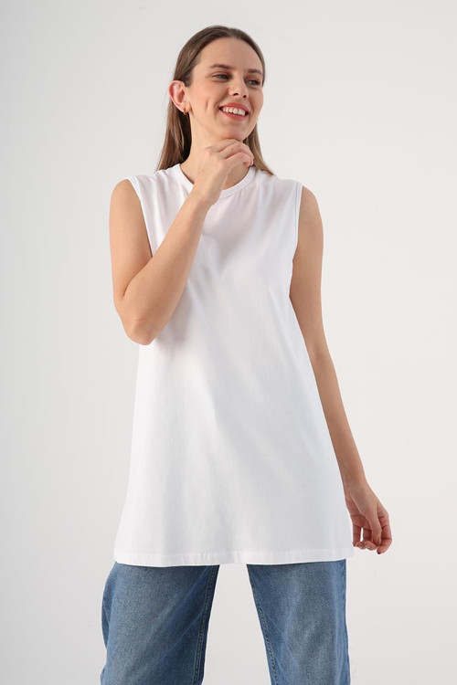 Beyaz-%100 Pamuk Kolsuz T-Shirt Tunik
