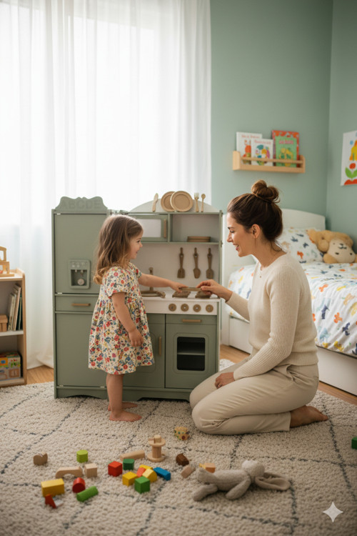 Prenses Oyuncak Mutfak Seti Ihlamur Boyalı Buzdolablı 14 Parça Servis Seti Hediyeli