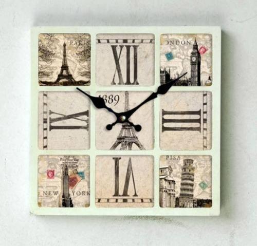 Mutfak › Ahşap Saatler › Saatler-mb Kare Avrupa Şehirleri Temalı Duvar Saati-30*30*3,5 Cm