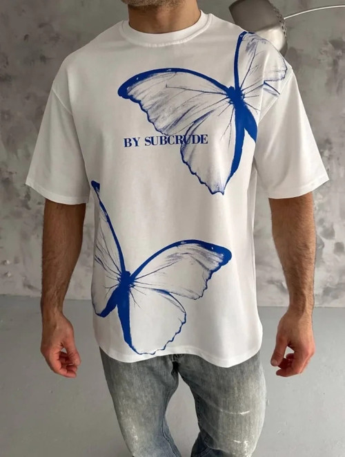 MDB Unisex Bisiklet Yaka Baskılı Oversize Thirt Beyaz
